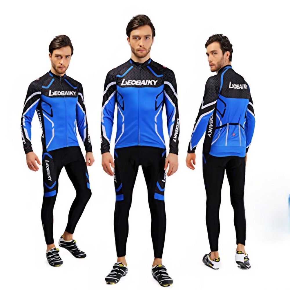 LEOBAIKY Men's Full Zip Cycling Kit Blue Black Long Sleeve Jersey & Pants Set